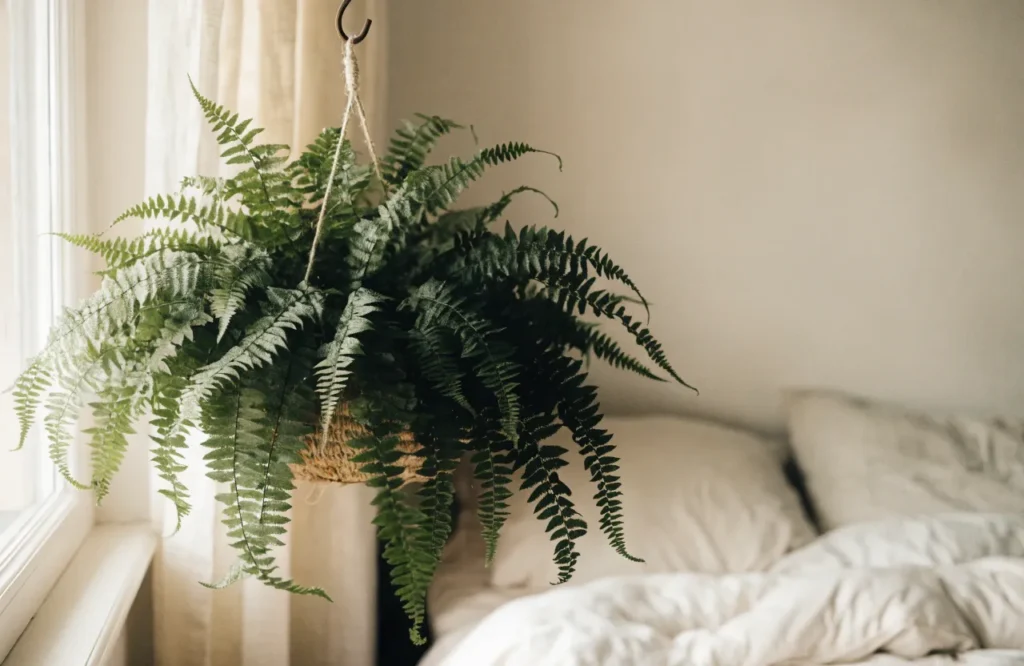 Boston fern with cascading fronds hanging near a bedroom window