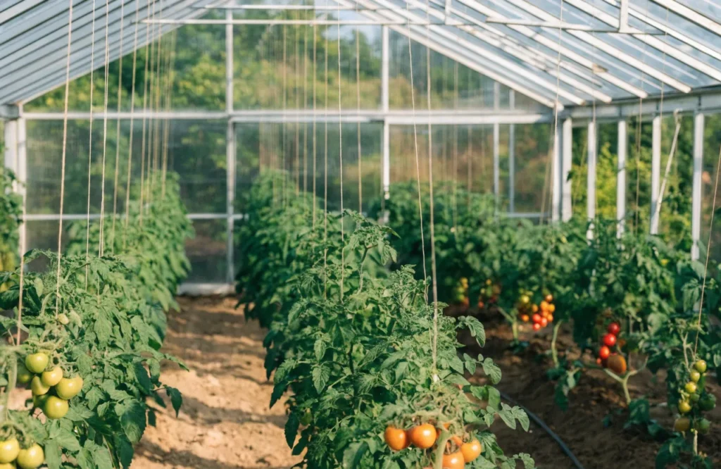 Indeterminate tomato plants spaced in rows and trained vertically inside a greenhouse.