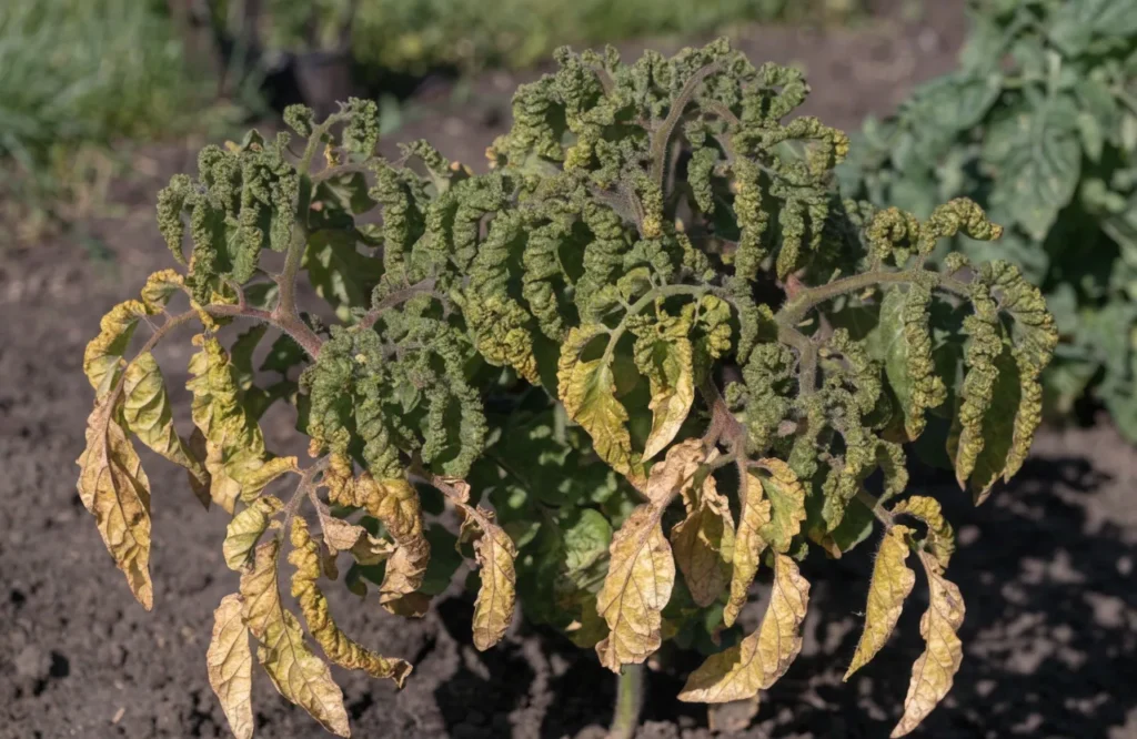 Yellow leaf curl virus symptoms on a stunted tomato plant