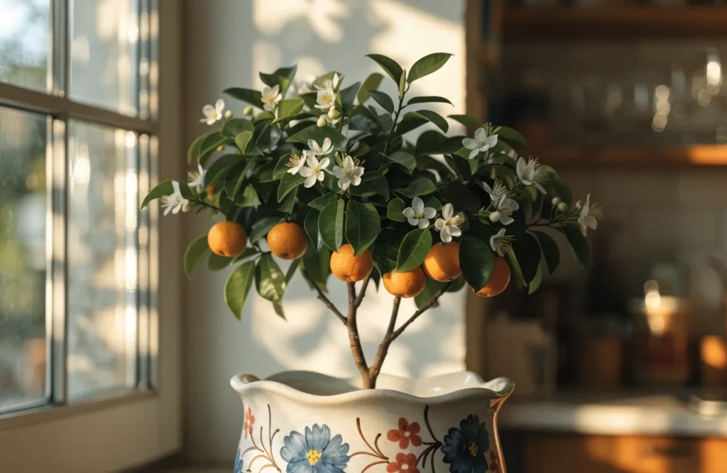 Calamondin Orange tree with white flowers and orange fruits indoors