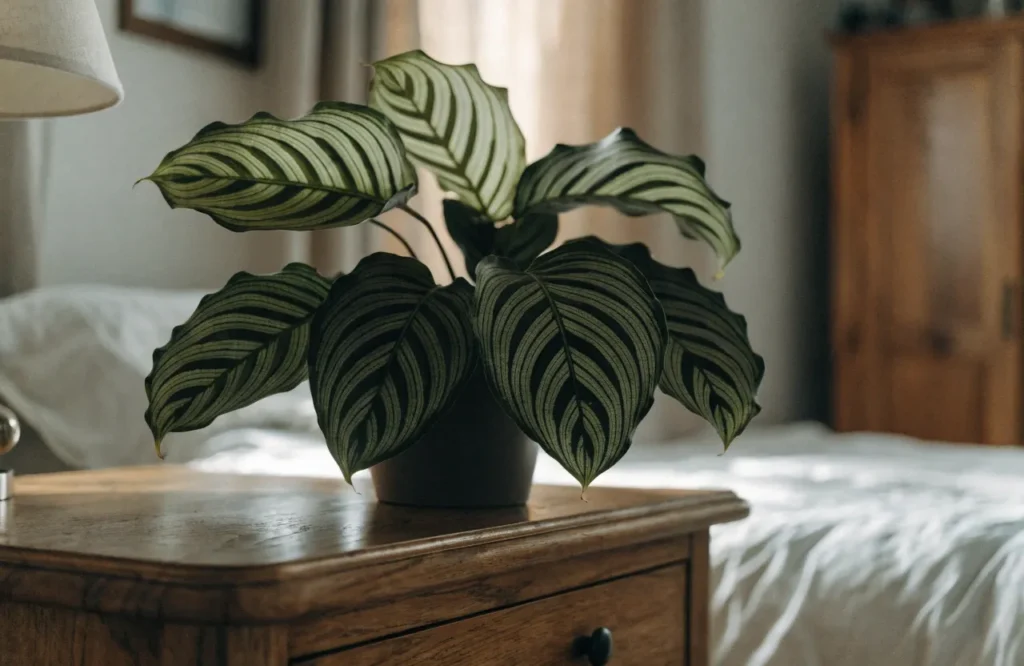 Calathea with patterned green leaves displayed on a bedroom dresser