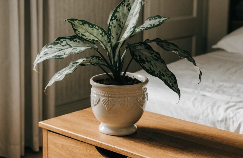 Chinese evergreen with patterned leaves growing in a low-light bedroom
