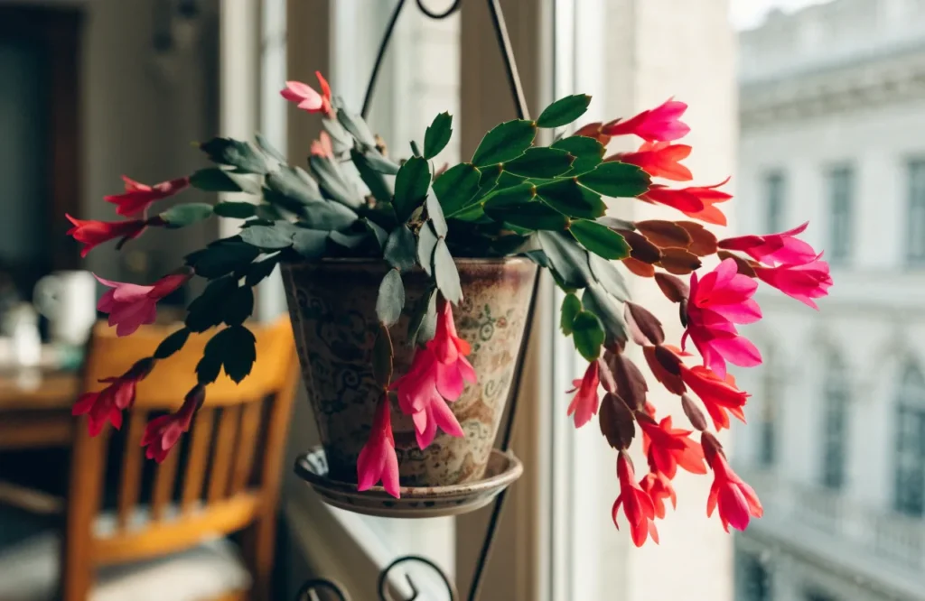 Christmas Cactus blooming with pink flowers indoors