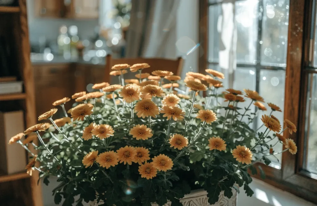 Chrysanthemum blooming with yellow and orange flowers indoors