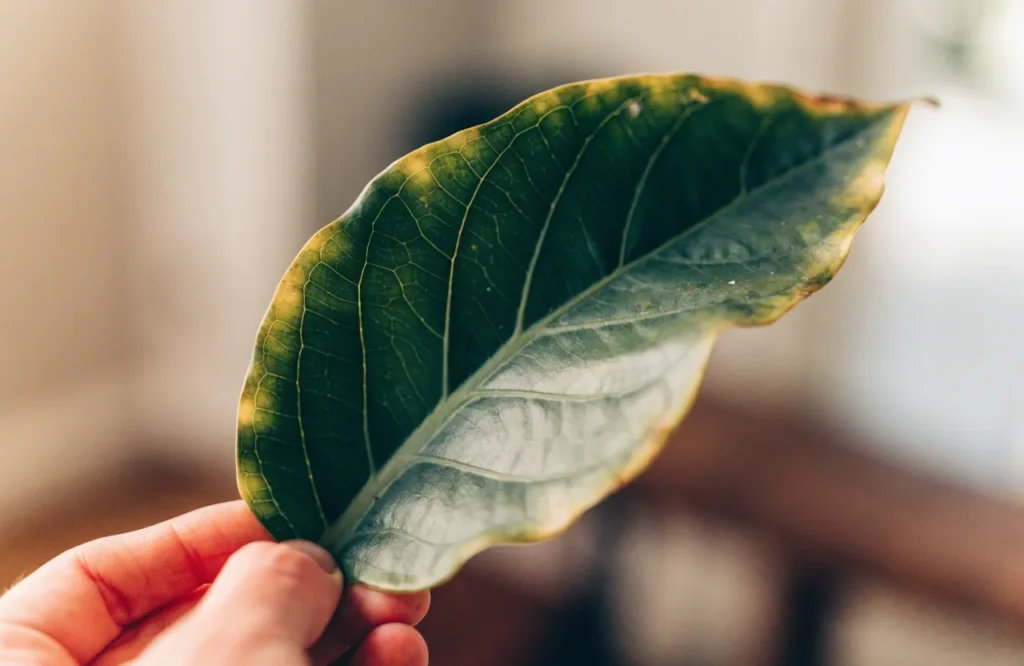 Yellowing houseplant leaf showing a common low light plant care problem