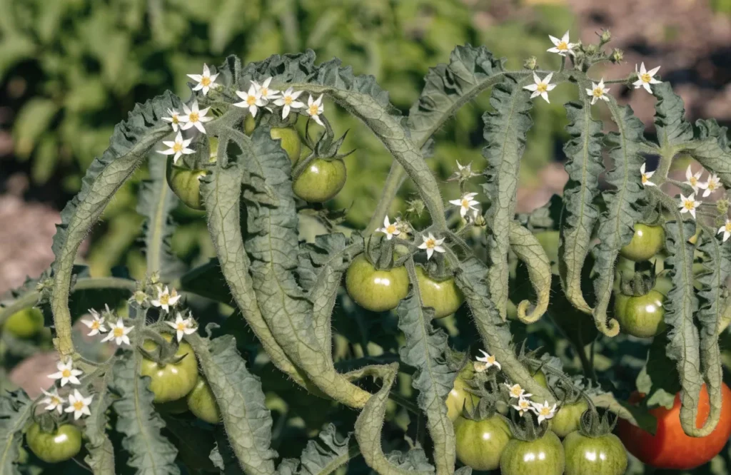 Healthy green tomato foliage showing physiological leaf roll
