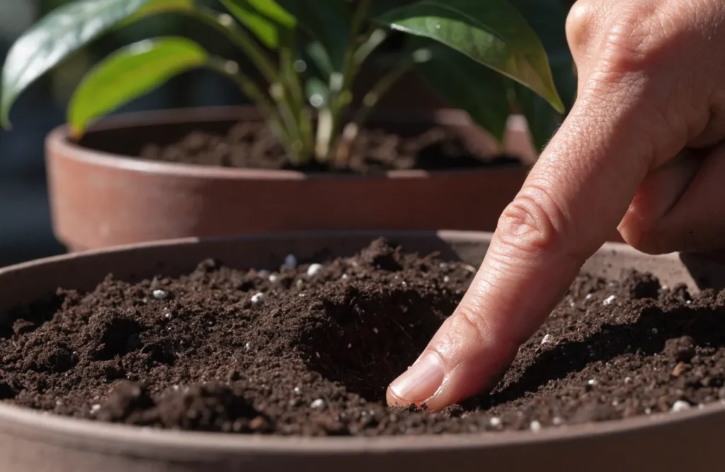 Low Light Bathroom Plants: 12 Best Picks + Complete Care Guide 17 Finger pressed into potted soil to check moisture before watering.