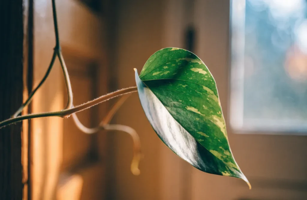 Pothos plant stretching toward a window showing signs of insufficient light