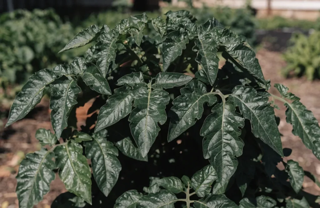Dark green curled tomato foliage associated with excessive nitrogen