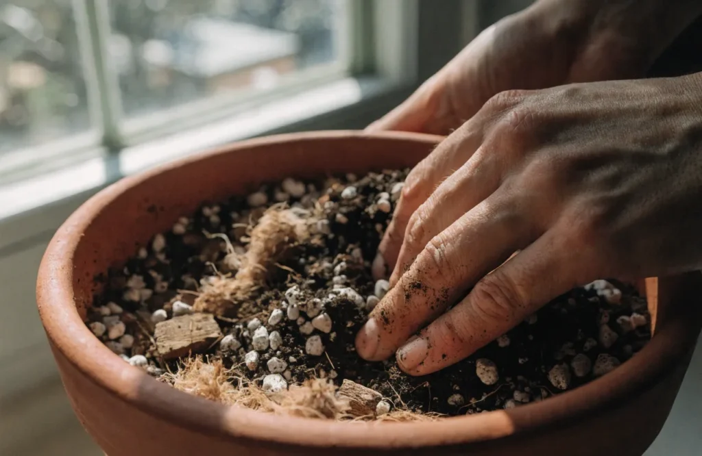 Well-draining soil mix with perlite being prepared for a low light plant