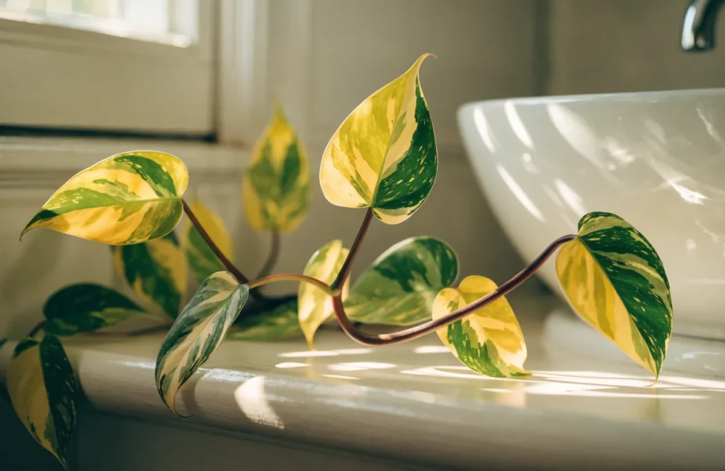 Low Light Bathroom Plants: 12 Best Picks + Complete Care Guide 12 Philodendron Brasil with lime-and-green heart-shaped leaves on a bathroom shelf.