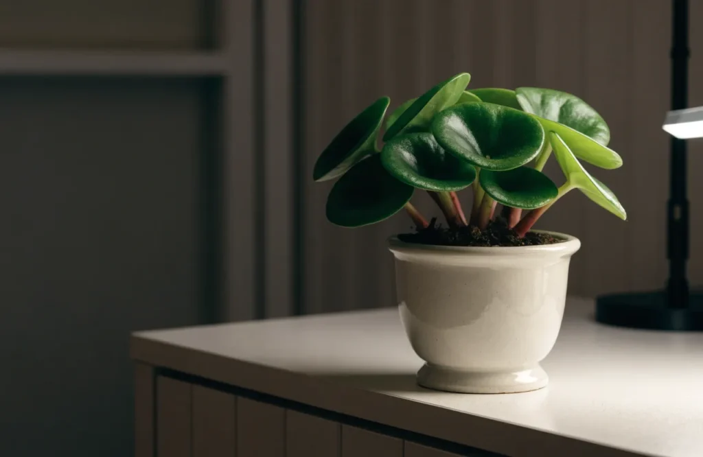 12 Best Plants for Dark Rooms With Little to No Natural Light 11 Peperomia growing on a desk in a dark room with little natural light