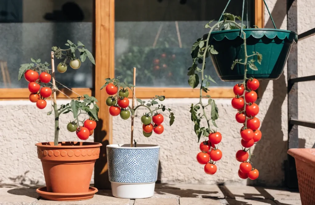 Compact tomato plants growing in containers on a sunny patio