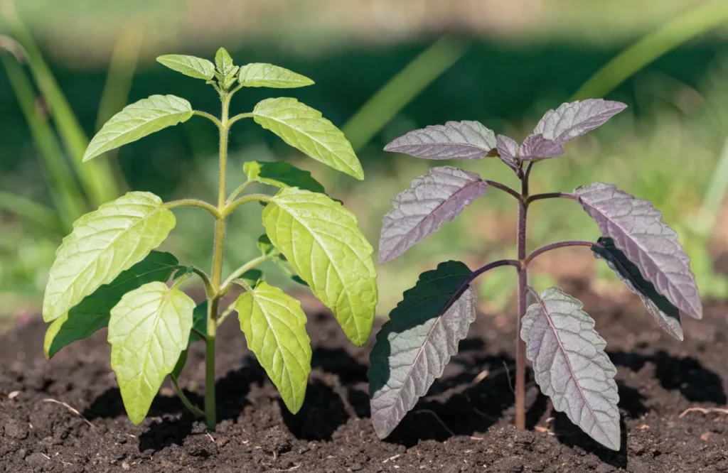 Purple leaf discoloration from phosphorus deficiency in tomato seedlings