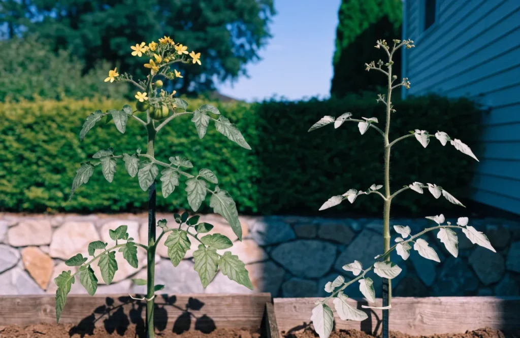 Tomato plant in shade with leggy growth compared to a sun-grown plant