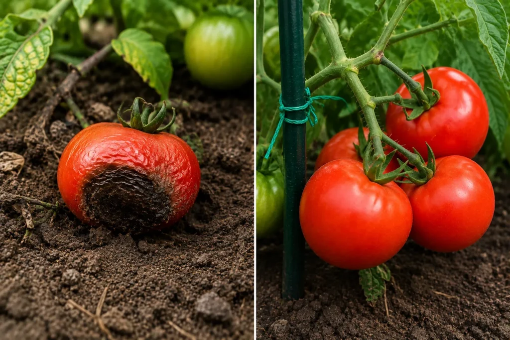  Comparison of tomato fruit touching soil versus staked tomato fruit kept off the ground
