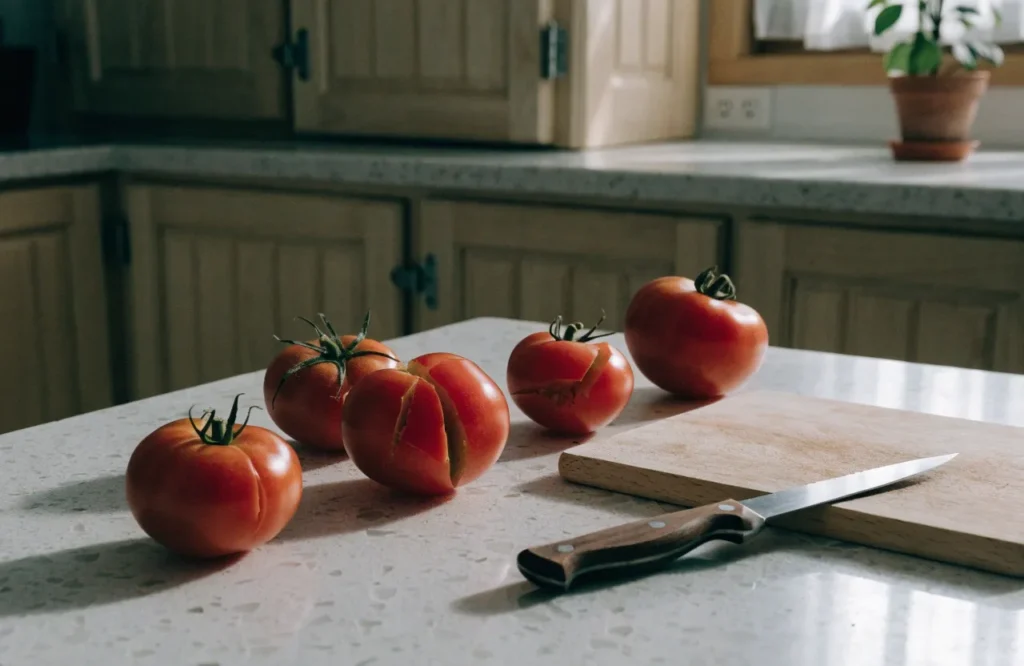 freshly harvested cracked tomatoes ready to be used