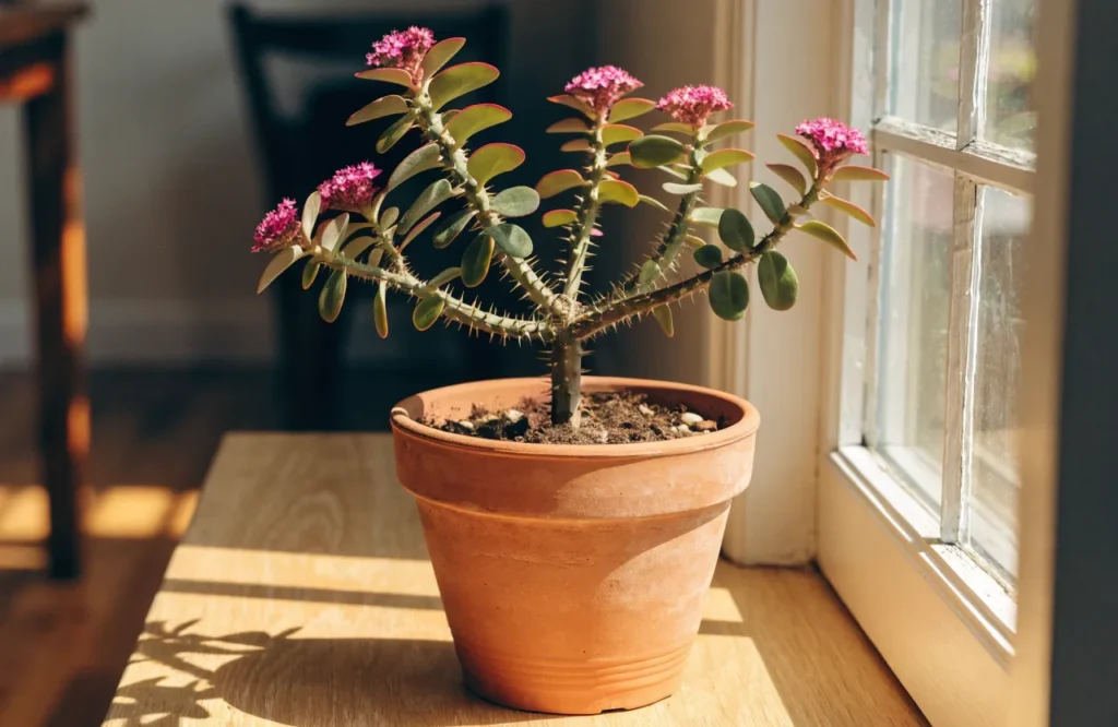 Crown of Thorns succulent with pink flowers indoors