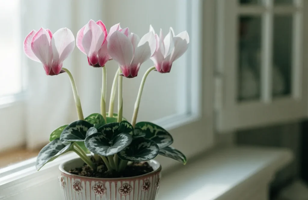 Cyclamen with pink flowers and patterned leaves indoors