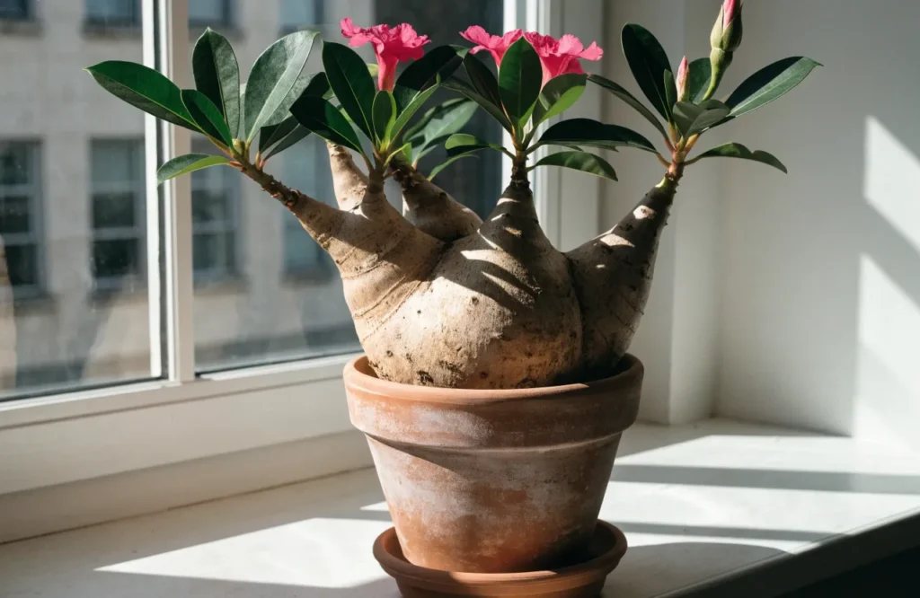 Desert Rose with pink trumpet-shaped flowers indoors