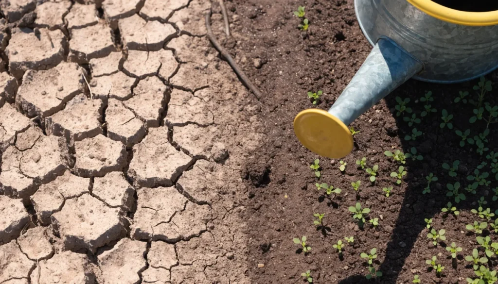 Dry, cracked soil next to watered ground illustrating inconsistent watering