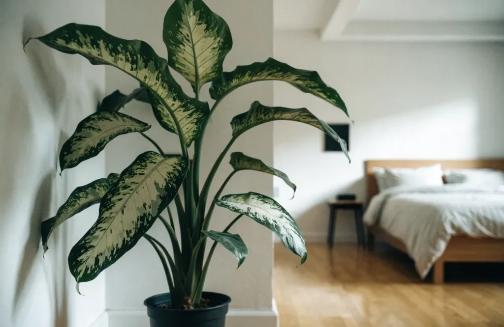 Dumb cane with patterned tropical leaves in a low-light bedroom