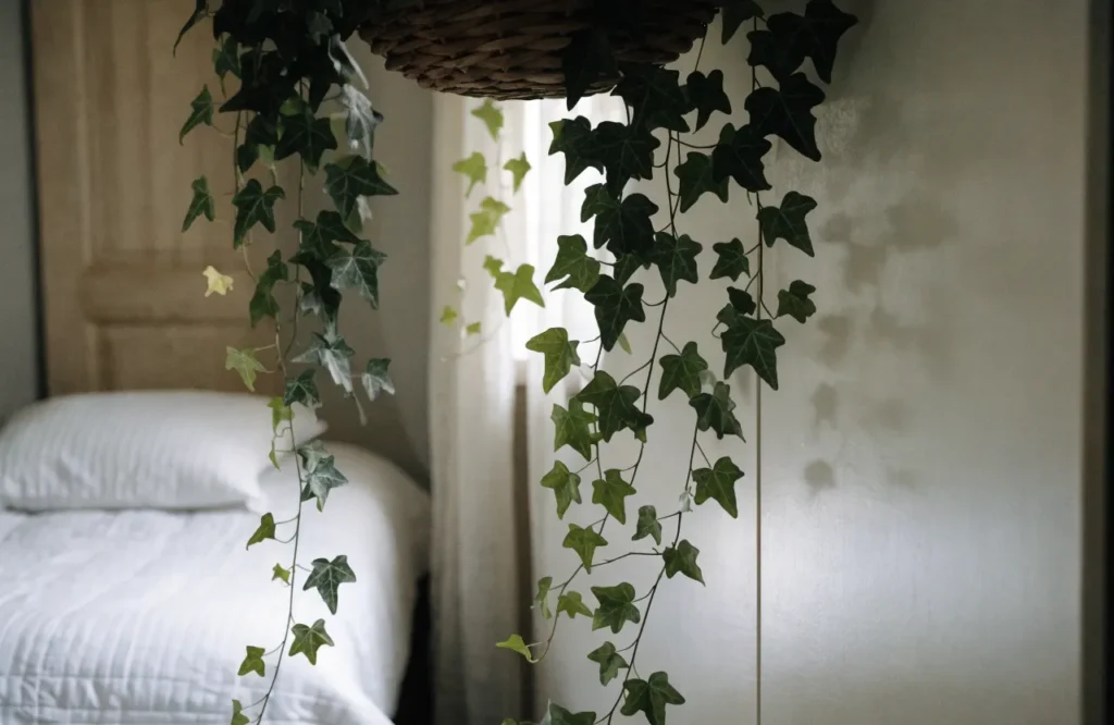 English ivy trailing from a hanging basket in a cool low-light bedroom