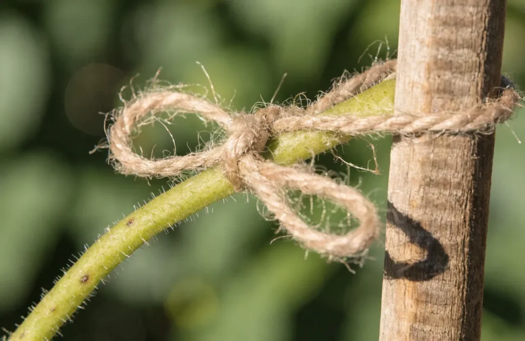  Figure-eight twine knot tying a tomato stem loosely to a stake
