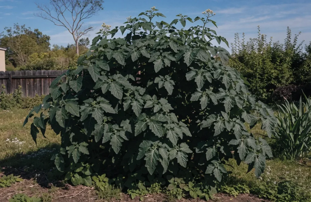 Leafy, overgrown tomato plant with few flowers caused by excess nitrogen