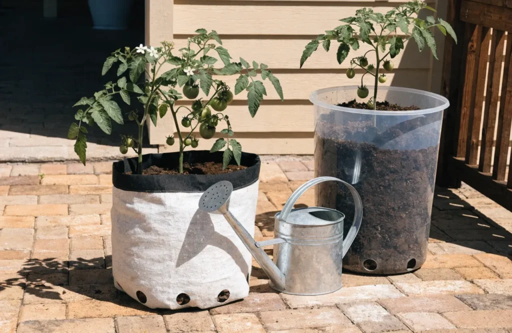 Tomato plants growing in a fabric grow bag and container on a patio
