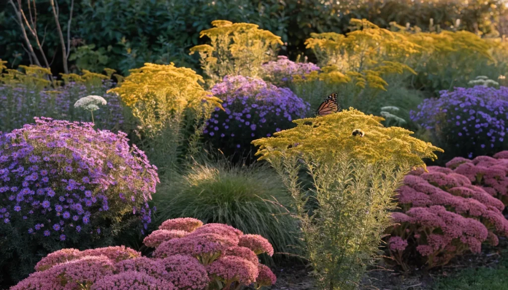 Fall flowers for pollinators — asters, goldenrod, and sedum attracting a monarch butterfly and bee