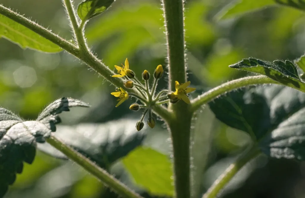 How to Prune Tomato Plants: 7 Simple Steps for Bigger, Healthier Harvests 4 First flower cluster forming on a young tomato plant