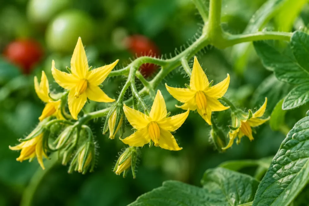 Cluster of yellow tomato flowers blooming on the vine