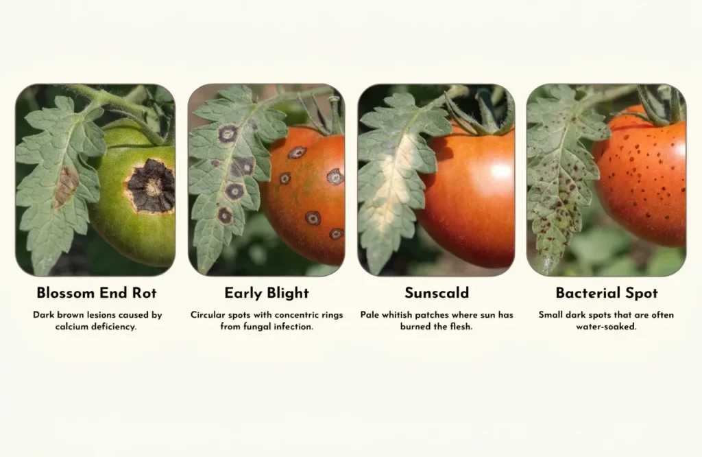 Side-by-side comparison of blossom end rot, early blight, sunscald, and bacterial spot