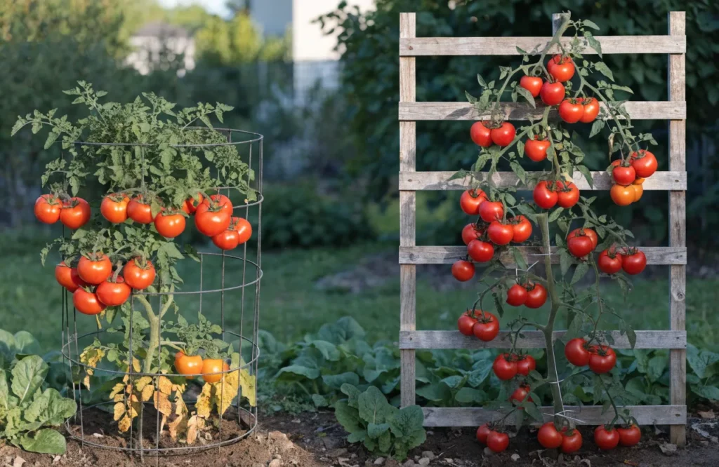 Tomato cage for determinate plants compared with trellis support for indeterminate vines