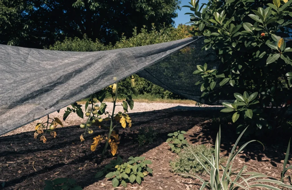 Shade cloth protecting tomato plants from heat to improve fruit set