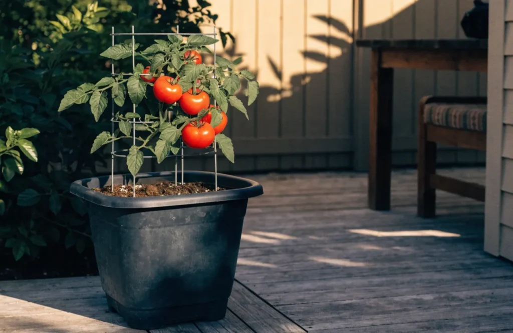 Compact determinate tomato plant growing in a container