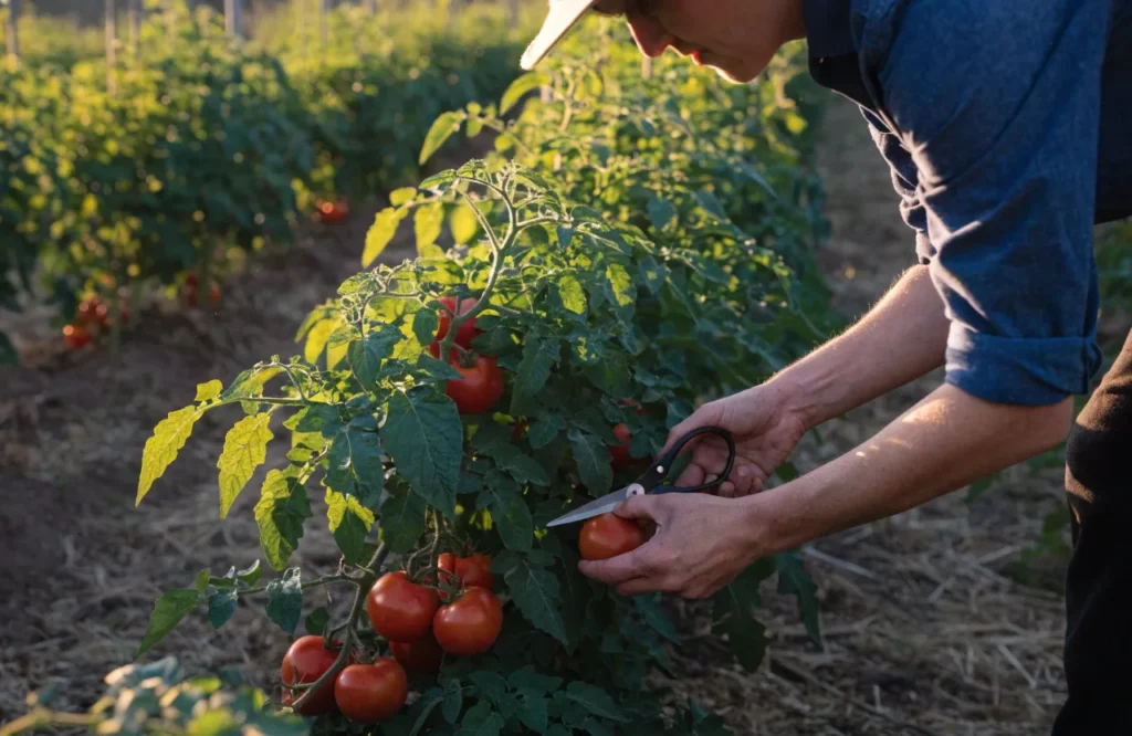 Harvesting tomatoes in the morning after dew has dried