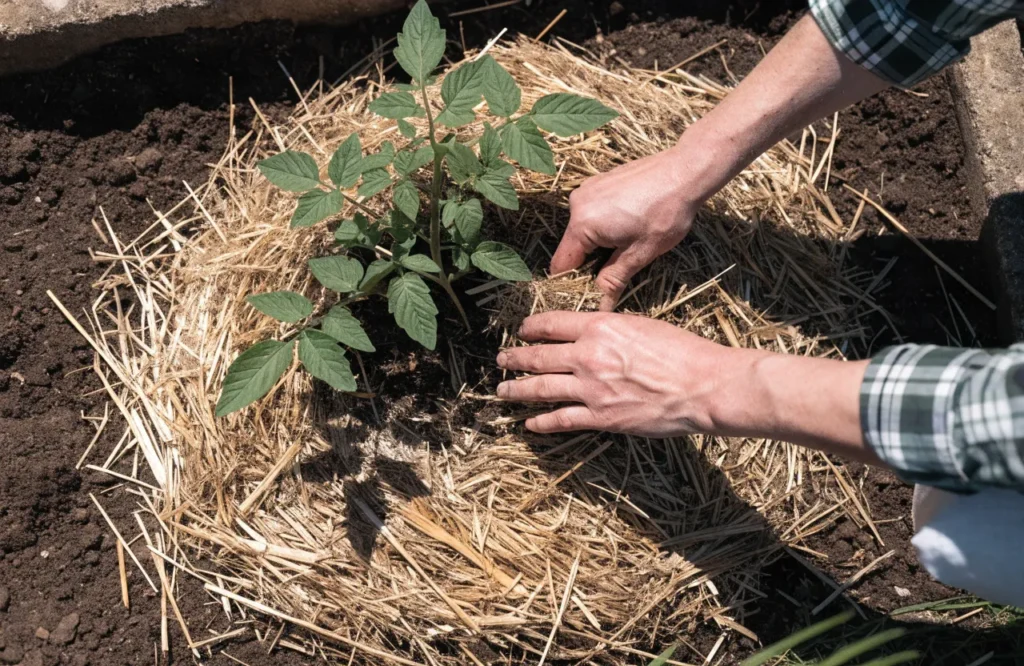 Applying straw mulch around a tomato plant to reduce watering frequency