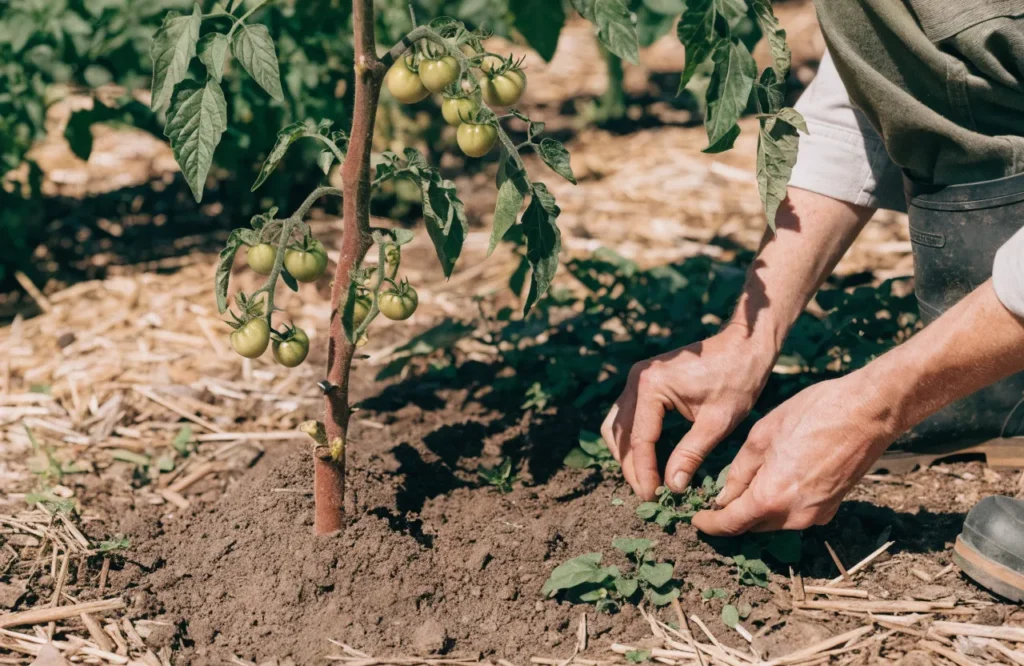 Tomato plant with curled foliage after disturbance around the root zone