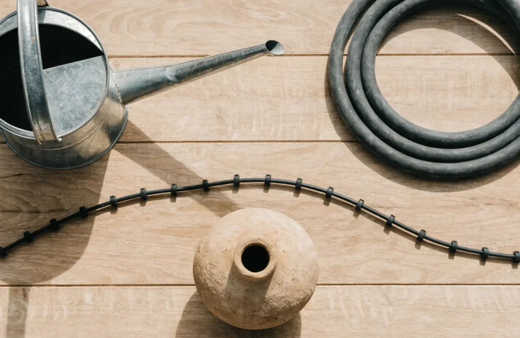 Watering can, soaker hose, drip irrigation, and olla pot for tomato plants