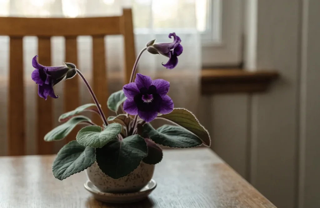 Gloxinia blooming with purple trumpet-shaped flowers indoors