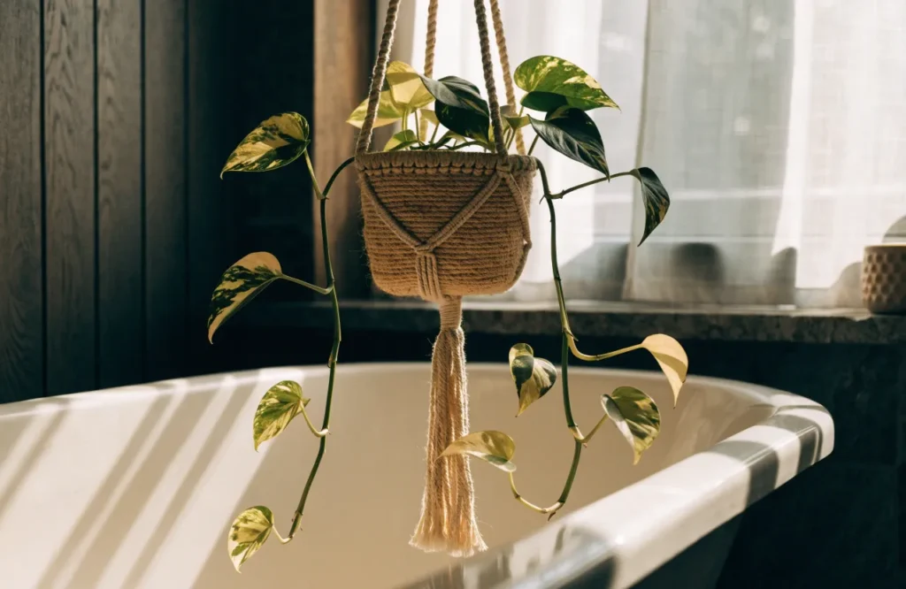 Low Light Bathroom Plants: 12 Best Picks + Complete Care Guide 7 Golden pothos trailing from a hanging planter above a bathtub.