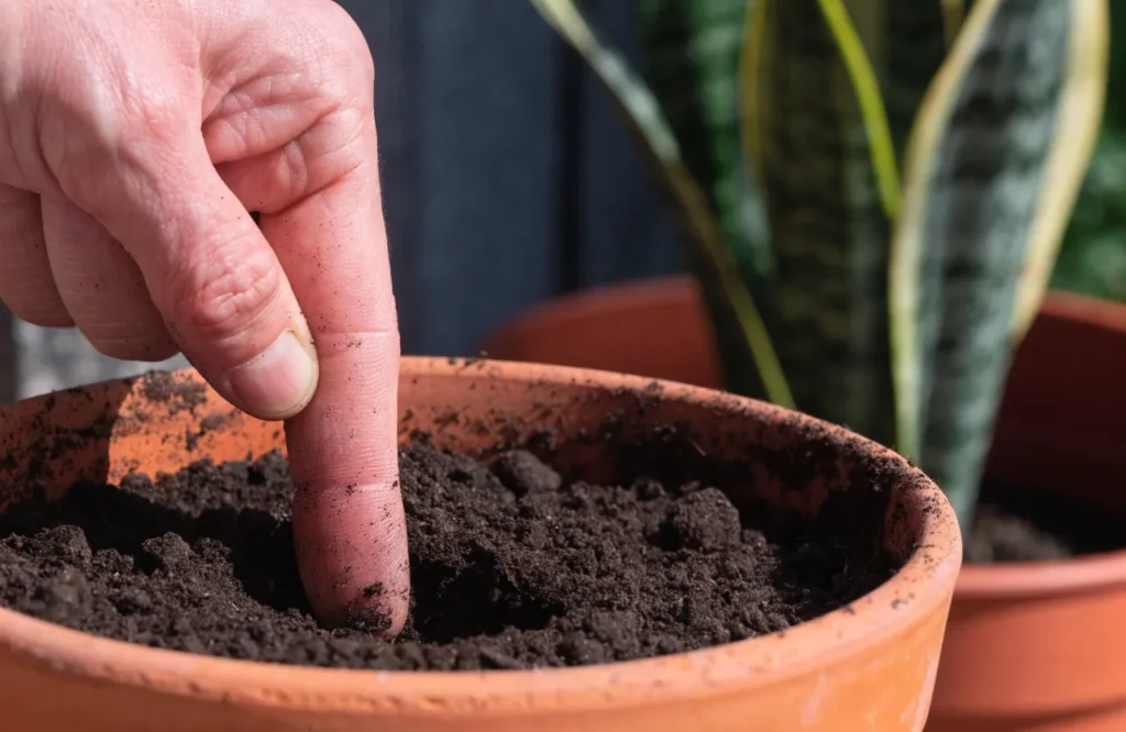 Checking soil moisture with a finger before watering a low light plant