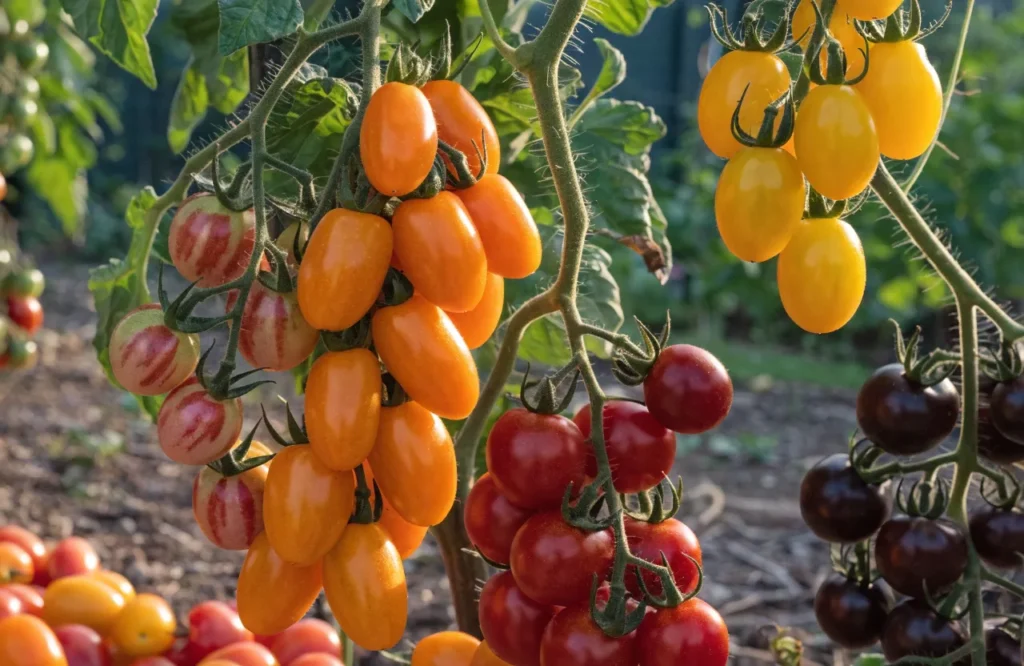 Colorful cherry and grape tomatoes including orange, red, yellow, and dark varieties
