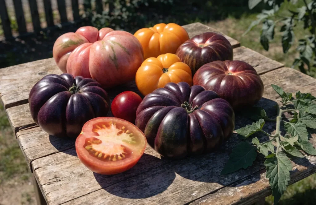 Large heirloom beefsteak tomatoes in purple, pink, red, and yellow colors