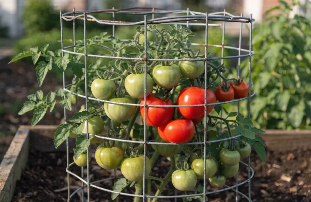 Tomato cage supporting a bushy plant with multiple stems and clusters of fruit, one method of how to stake tomato plants.