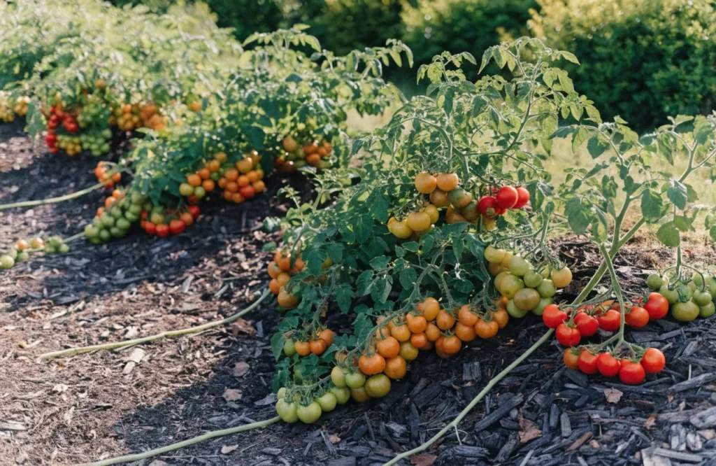 Sprawling indeterminate tomato plants given extra space to spread across a garden bed.