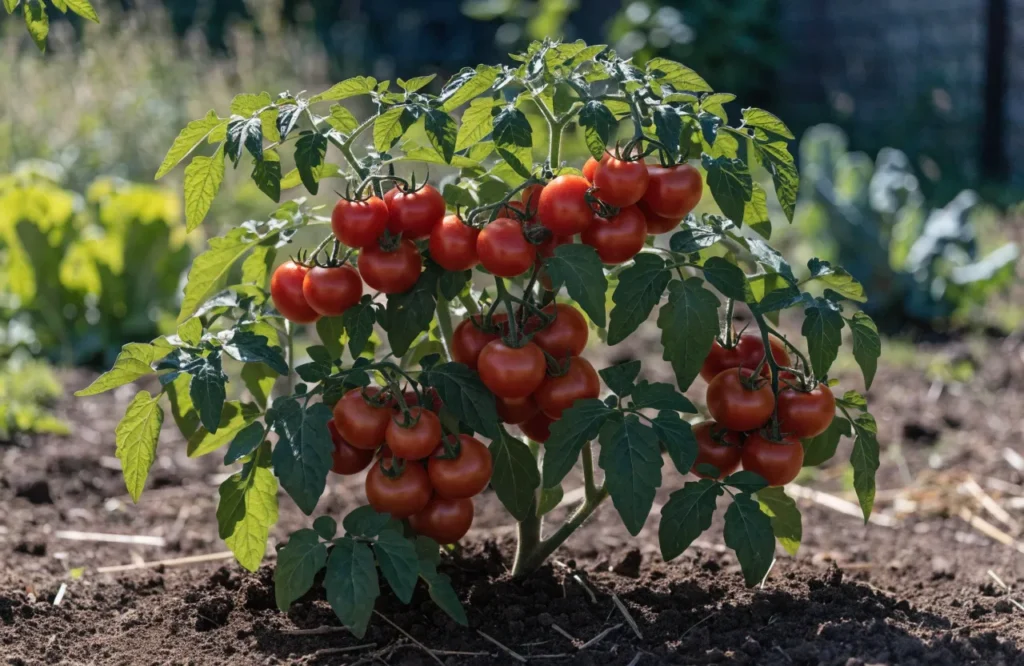 Healthy compact determinate tomato plant with bushy growth and ripe tomatoes.
