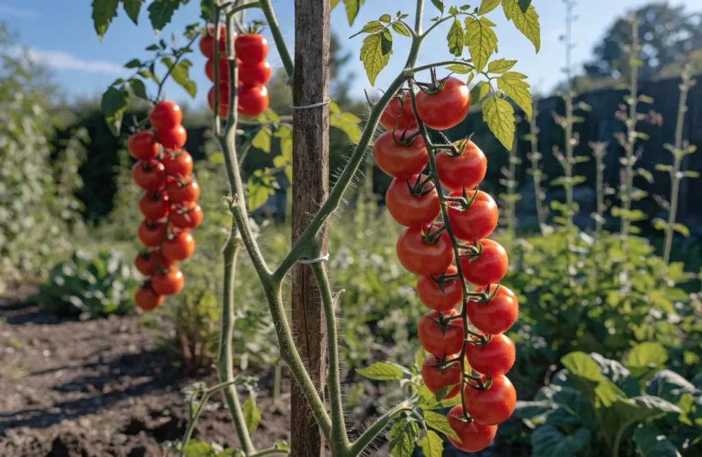 Tall indeterminate tomato plant with vigorous vining growth trained on a stake.